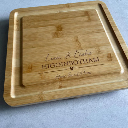 Personalised Bamboo Cheese Board with Knife Set Drawer