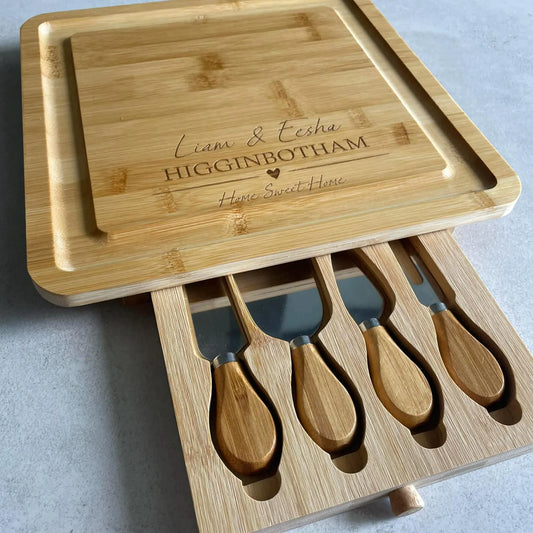 Personalised Bamboo Cheese Board with Knife Set Drawer