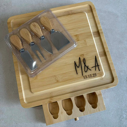 Personalised Bamboo Cheese Board with Knife Set Drawer